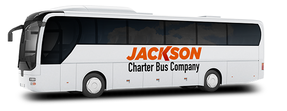 a plain white charter bus with a jackson logo